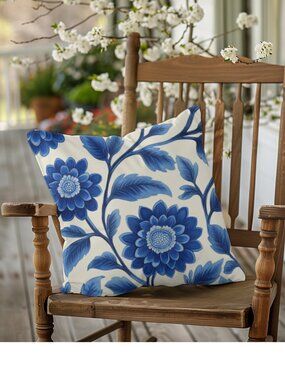 Set 2 Blue Floral Outdoor Pillows 16x16 Farmhouse French Country Decor